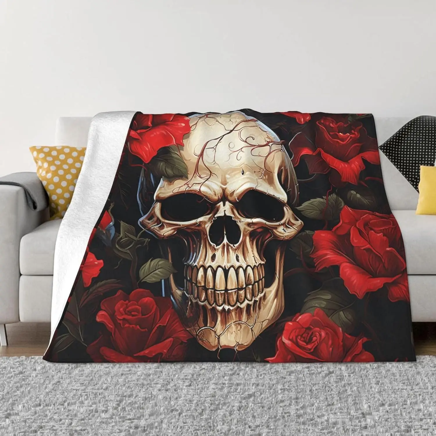 Throw Blanket for Couch Ultra-Soft Micro Fleece Blankets Skull Rose-Red Blanket Warm Cozy Thick Throws Lightweight Flannel Fuzzy
