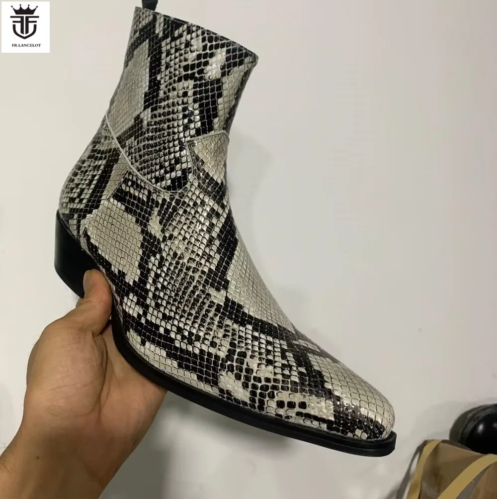 High Quality Men Westen Boots Snake Pattern Print Party Dress Shoes Super Point Toe Leather Male Boots Side Zip Easy Wear