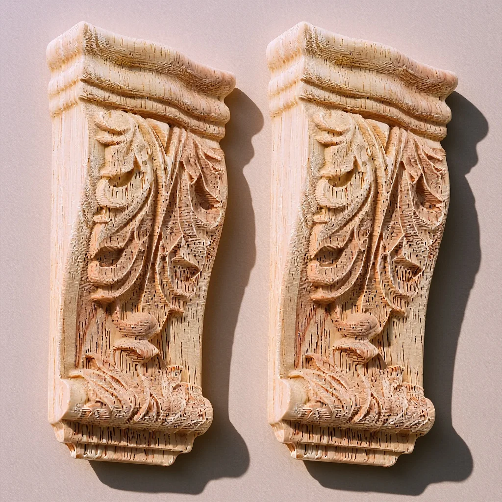 

2pcs Wooden Roman Columns Carved Corbels European Style Corner Onlays Decorative Shelf Supports Wood Appliques For Furniture