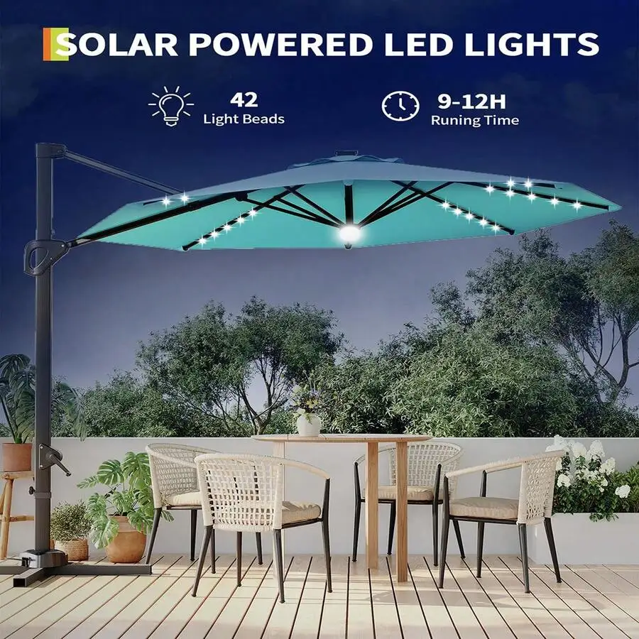 

10FT Solar Powered Cantilever Patio Umbrella With LED Lights, Windproof Offset Umbrella For Garden Deck Pool