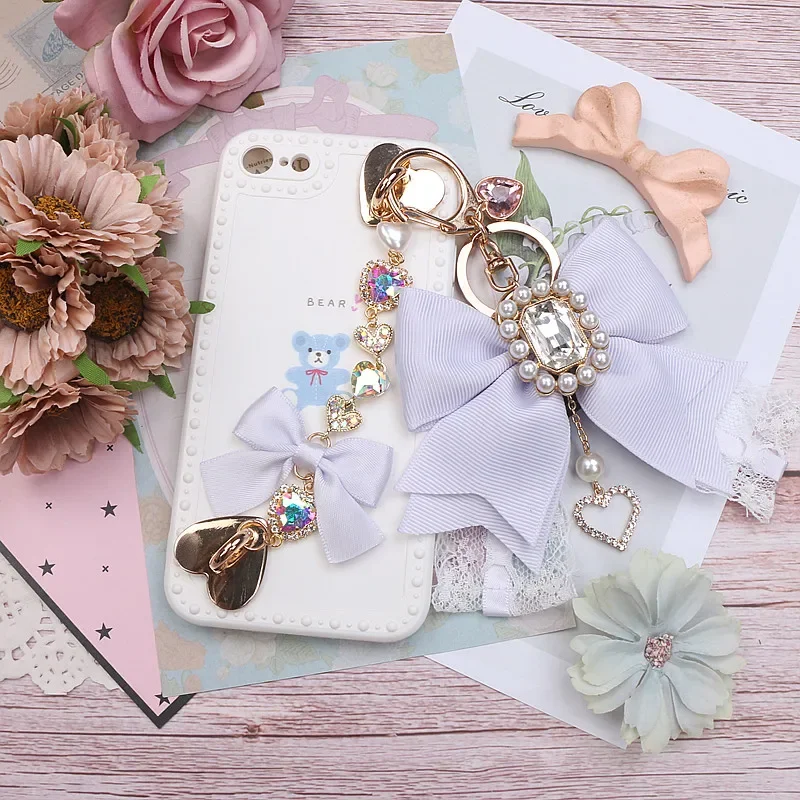 Handmade Heart Shape Rhinestone Bow Mobile Phone Holder Chain Mobile Phone Ornament Phone Handbag Pendant Keychains