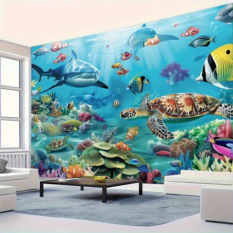 Vibrant Underwater World Party Backdrop - Ocean Life Coral Reef and Sea Turtle Wall Hanging