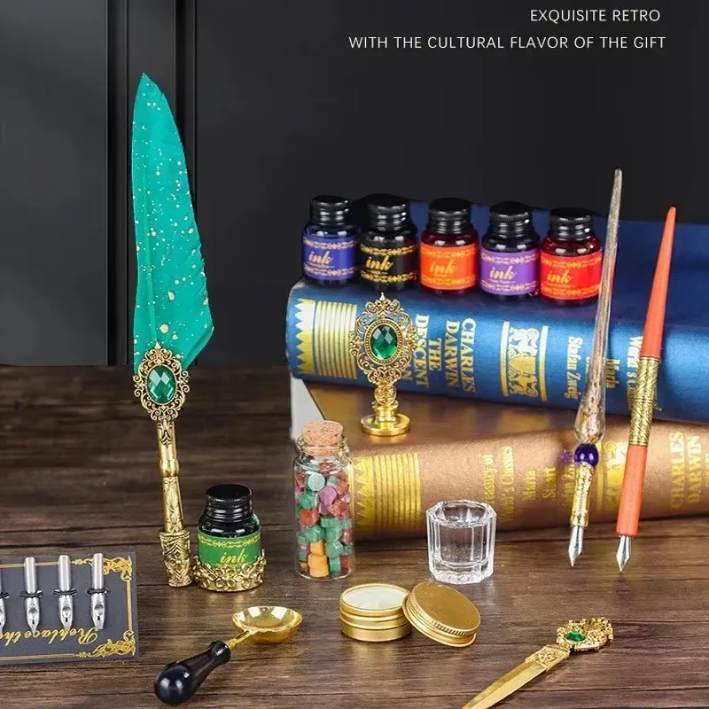 ヴィンテージスタイルの羽根ペンセット羽根インクギフトつけペン万年筆書道セットヴィンテージライティングインクギフト