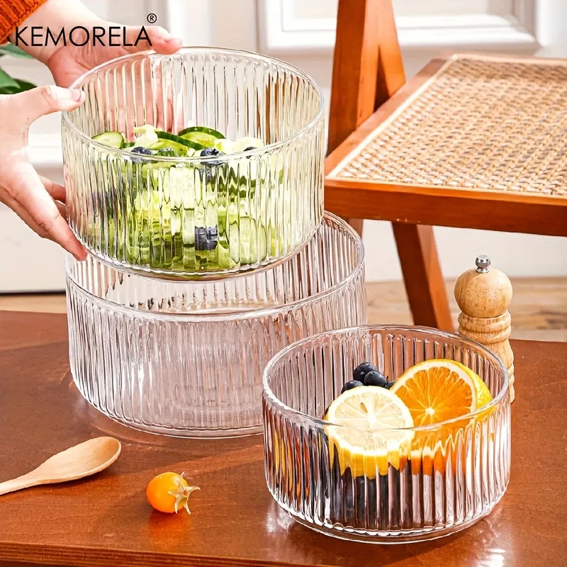 1PCS Striped Glass Salad & Fruit Bowl - Scratch-Resistant Round Serving Dish for Afternoon Tea Dessert Display Iced Fruit Plate
