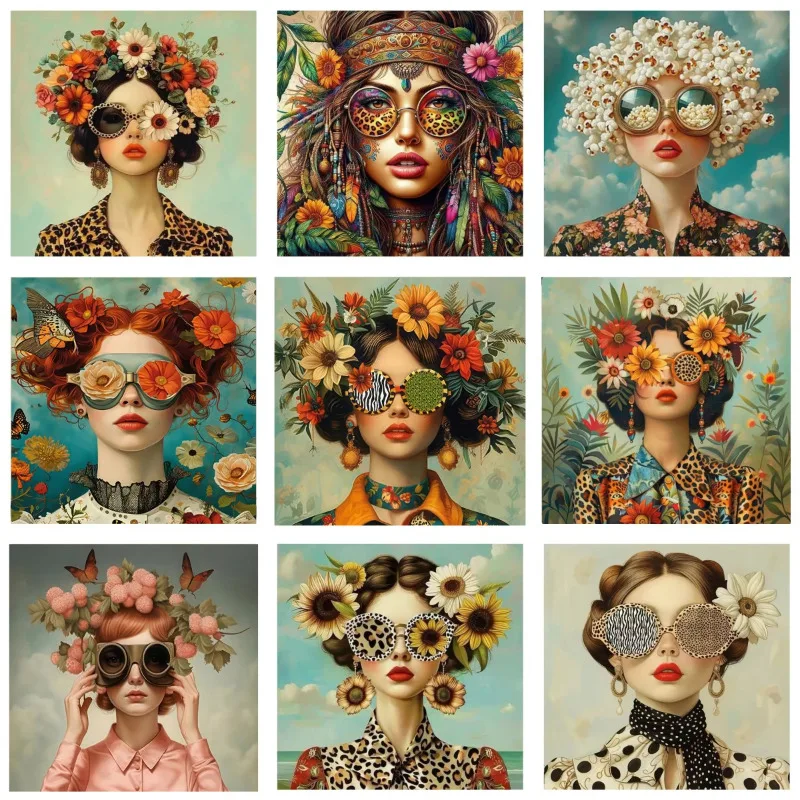 Beautiful Woman with Glasses Flower Canvas Wall Art Painting Posters and Prints Women Wall Art Picture Room Decor Picture