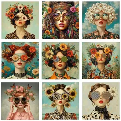 Beautiful Woman with Glasses Flower Canvas Wall Art Painting Posters and Prints Women Wall Art Picture Room Decor Picture