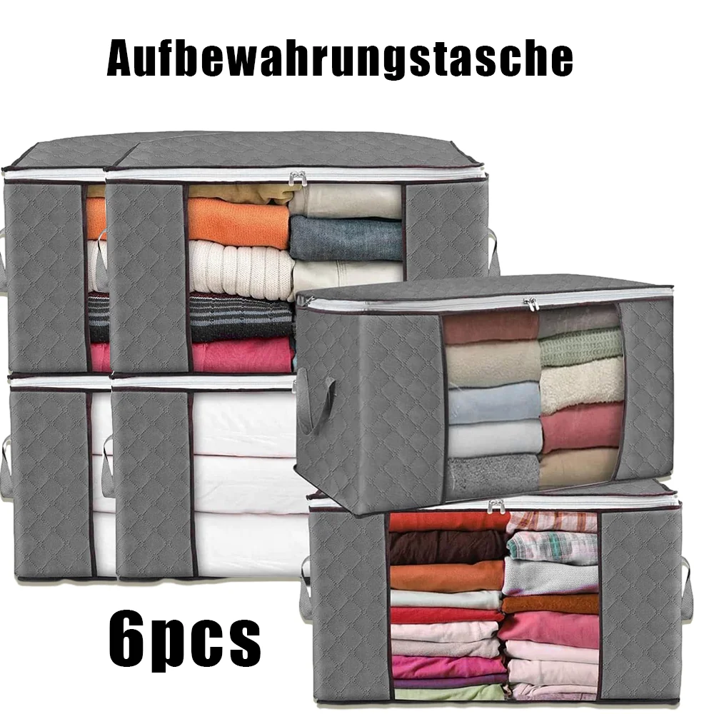 6 Stück Stoff-Aufbewahrungstaschen, tragbare Aufbewahrungstaschen für Kleidung und Bettdecken, Aufbewahrungsbehälter für Decken, Bettdecken, Bettwäsche, Spielzeug