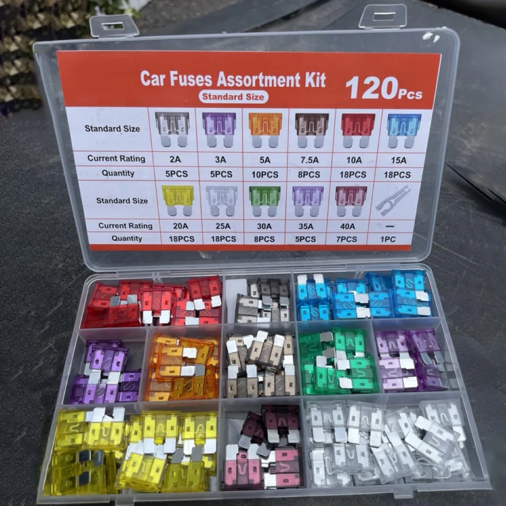 

120Pcs Standard Fuse Kit,Blade Fuses ATO ATC (2Amp 3A 5A 7.5A 10A 15A 20A 25A 30A 35A 40A) for Truck Motorcycle with Puller