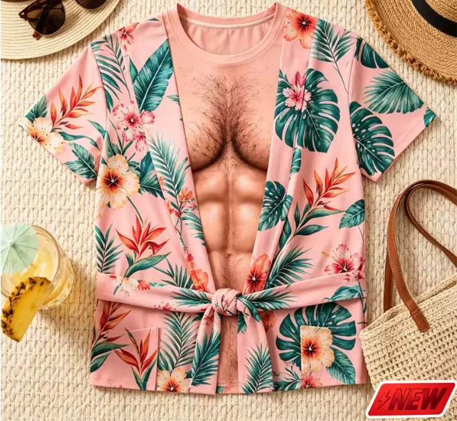 Y2K Gothic Sexy Hot 3D Fake Muscle Print T‑Shirt Men, Charming Hawaiian Floral Short Sleeve Tee, Novelty Party Beach Costume Top
