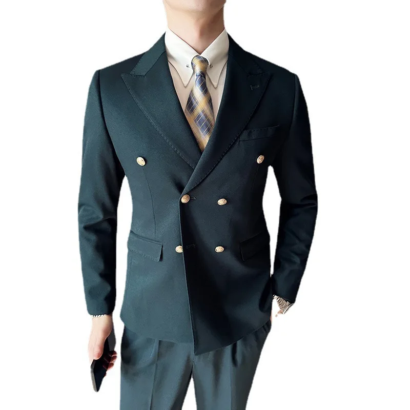 H15 Fashionable Temperament Suit Set Spring and Autumn New Style Suit Men's Double-breasted Slim Fit Solid Color Groomsmen Dress