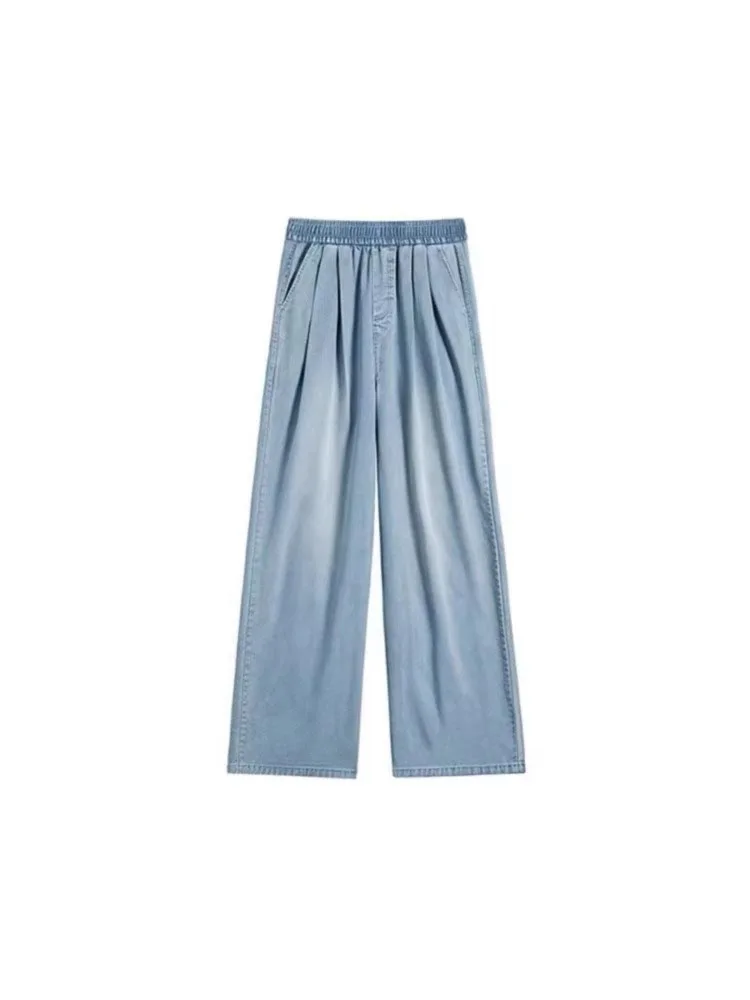  Slim Straight Denim Jeans Women Summer Thin Large Size Ice Silk Wide Leg Pants High Waist Loose Fit Long Trousers