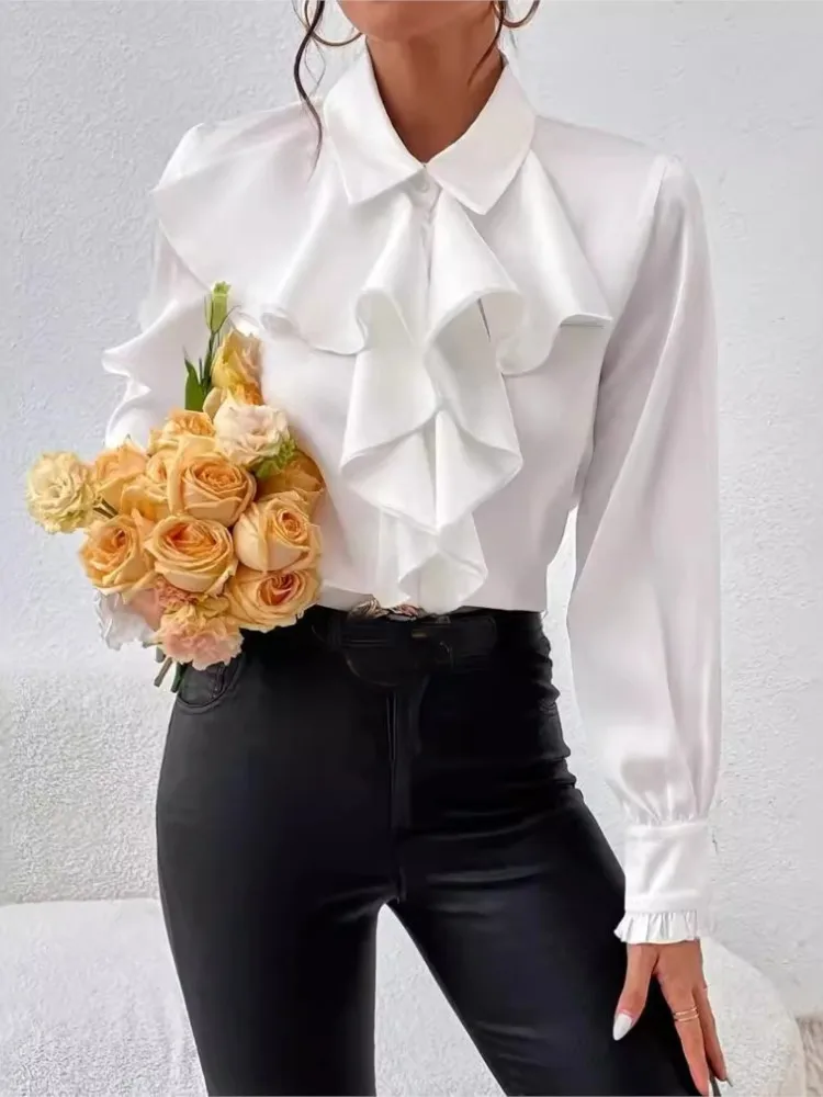 Spring Autumn Fashion White Ruffled Elegant Blouse Top Women New Long Sleeve Lapel Woman Shirt Solid Office Ladies Loose Tops