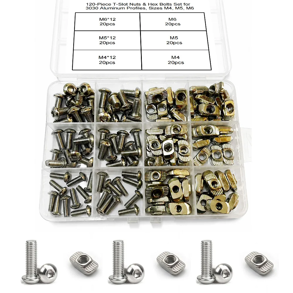 120-Pcs T-Slot Nuts  Hex Bolt Set for 3030 Aluminum Profiles, Suitable for All Series Industrial Aluminum Extrusions