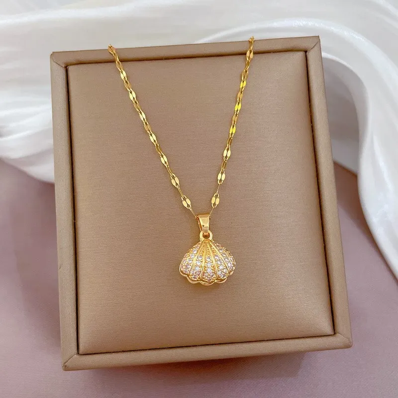 Stainless Steel Gold-Plated Shell Women Necklace Clean Stone Fake Pearl Wedding Party Jewelry