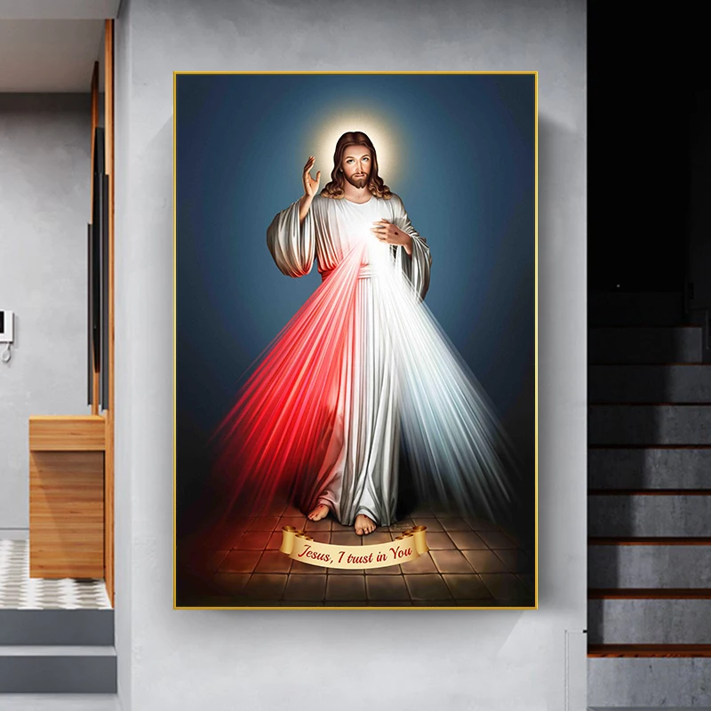 Vintage Glowing Jesus Christ Poster Jesus I Trust In You Quotes Canvas Painting Catholic Christian Living Room Home Decor Mural