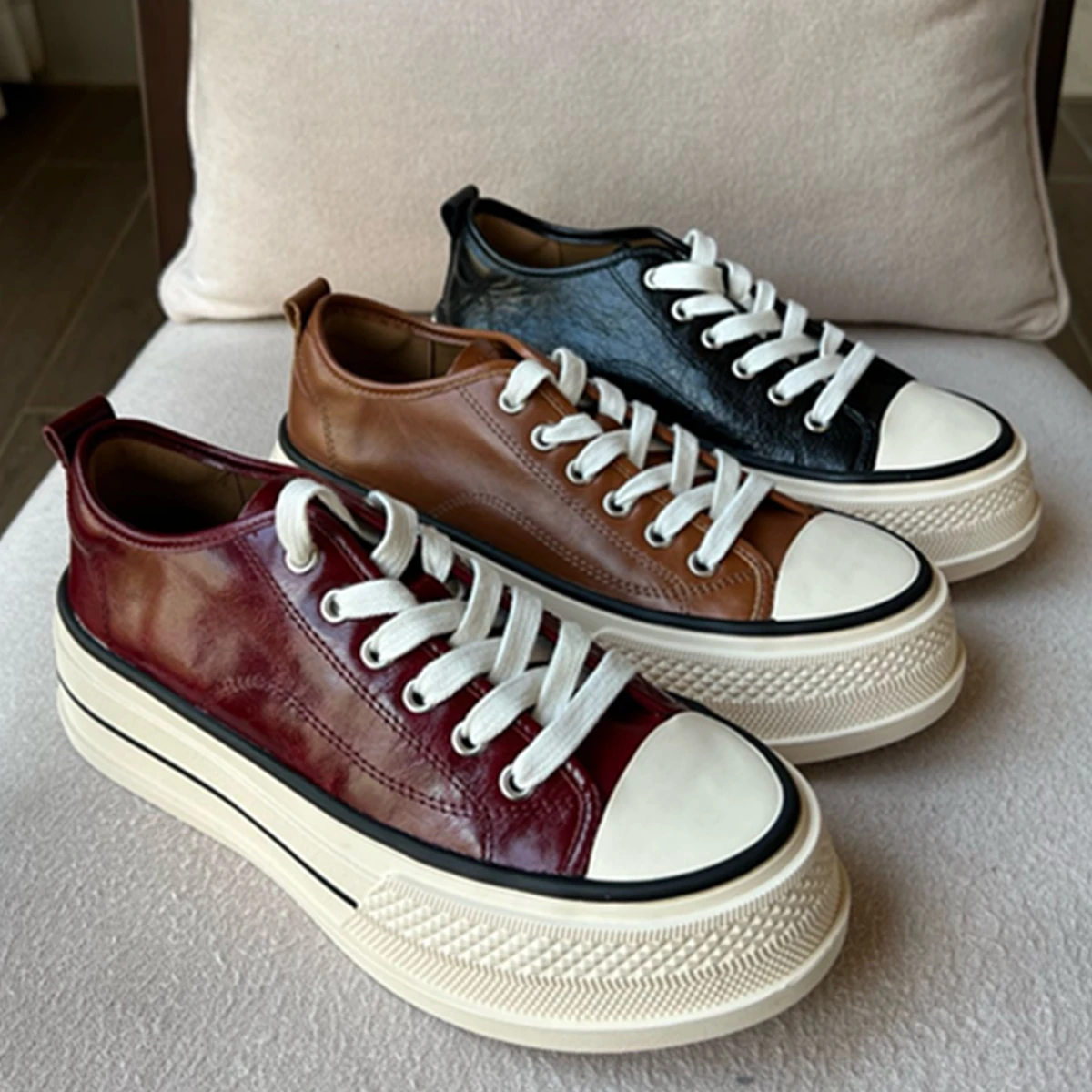 

Jenny&Dave Old School College Leather Thick Soled Horseskin Sponge Cake Shoes Vulcanized Shoes Vintage Sneakers Shoes Women