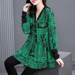 Mom's Spring and Autumn New V-neck Pullover Chiffon Shirt Fashion Simple Commuter Printed Button T-shirt Medium Long Sleeve Tops