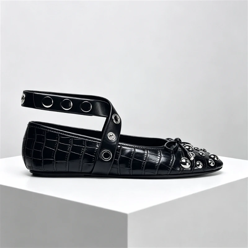 Fashion Rivet Bow Decoration Ballet Flats Women Punk Style Soft Leather Strap Mary Jane Shoes for Women Cozy Dance Casual Shoes