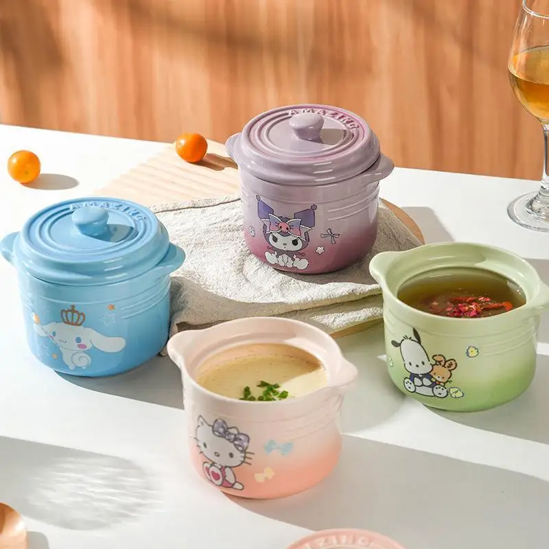 One Two Servings Sanrios Stew Cup with Lid Hellokitty Kuromi Pochacco Ceramic Stew Soup Household Multifunctional Heat-Resistant