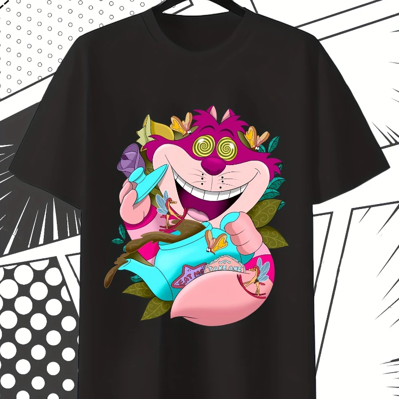 تي شيرت صيفي للرجال من Disney Alice in Wonderland Cheshire Cat - زجاجة دواء أليس باللون الوردي والأخضر الفاتح وطباعة قطة مبتسمة #1