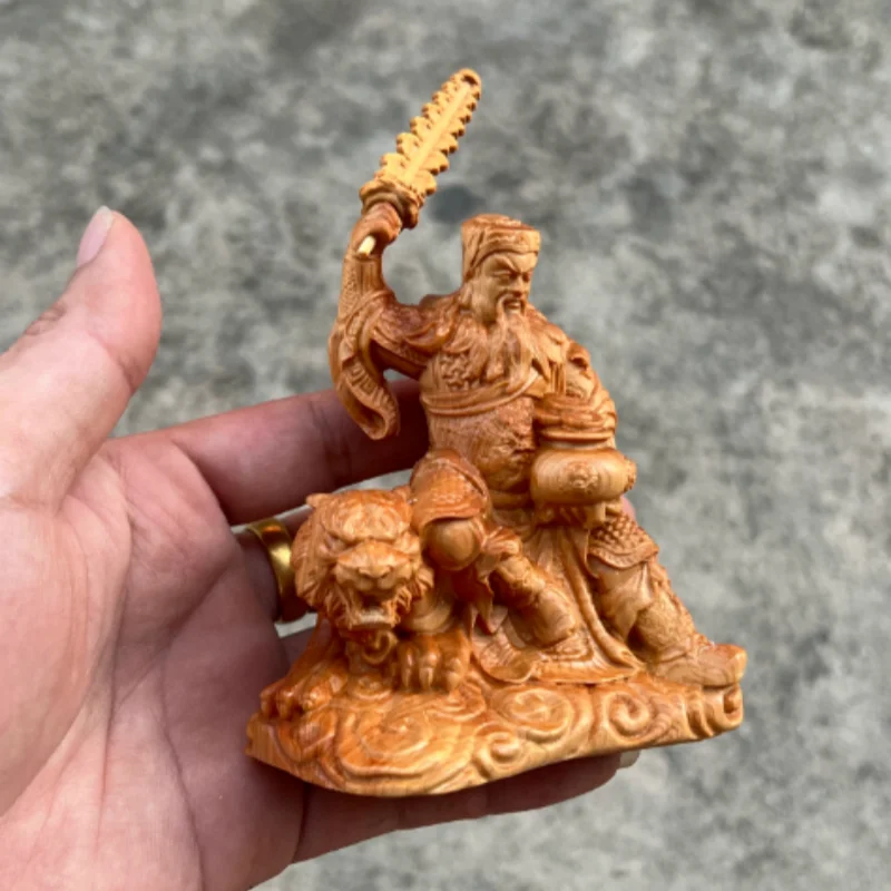 Cliff Cypress Wood Carving Five Road God of Wealth Zhao Gongming Deity Statue, Home Car Decoration for Attracting Wealth