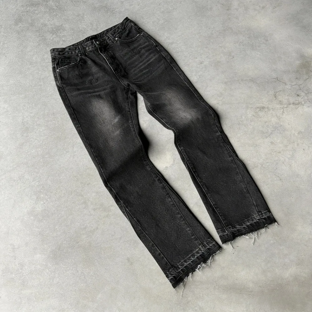 Harajuku Hip-Hop High-Street gerade Hose, Gothic-Quasten-Casual-Mikro-Schlaghose, Y2K Retro Slim-Jeans, modische Washed-Hose – Detail 1