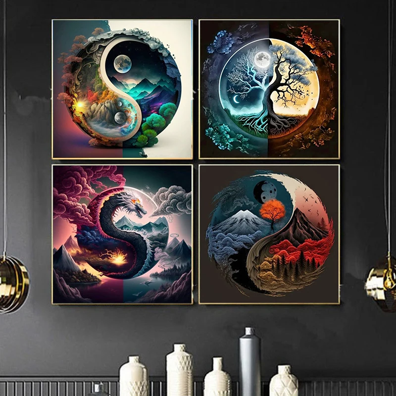 Novelty Trees Flowers Landscape Diamond Painting, Animals Dragon Tiger Mosaic Diamond Embroidery, Creative Tai Ji Cross Stitch