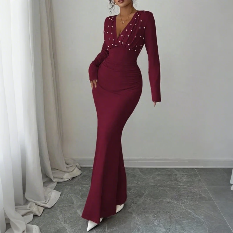 Krismile Women's 2026 Elegant Evening Dress Deep V-Neck Pearl Bodycon Wine Red Formal Party Cocktail Sexy Chic Woman Maxi Dress