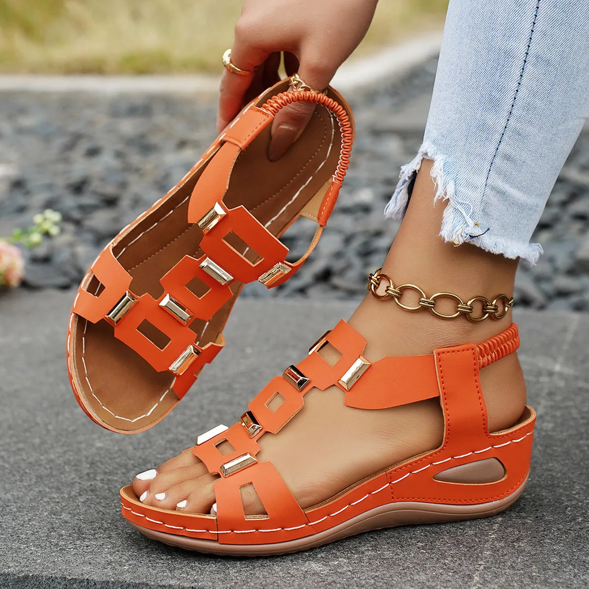 New Roman Style Women's Sandals Open Toe Beach Slippers Summer Wedges Comfortable Outdoor Slip-On Shoes for Women Large Size 43
