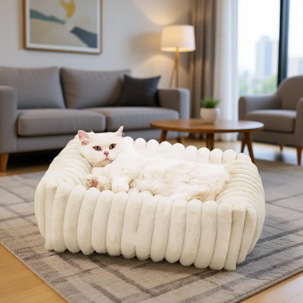 

Cute Dog Bed for Small Dogs & Cats - Washable Orthopedic Corduroy Puppy Beds with Removable Zipper Cover, 20x19x6inches, Cream