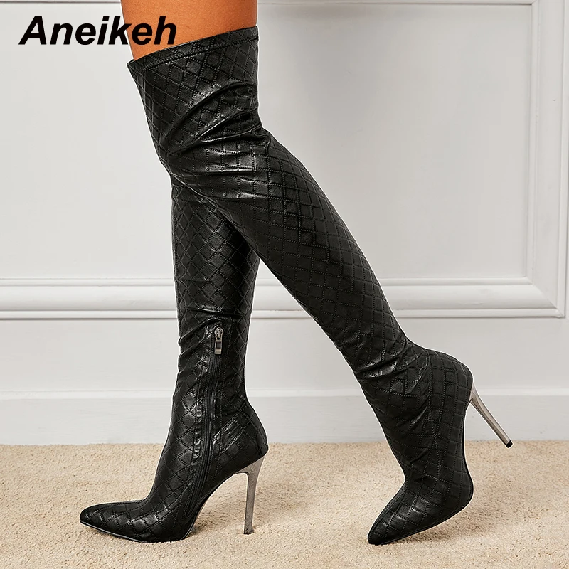 Aneikeh 2024 Women\'s Heel Fashion Solid Boots PU Plaid Sewing Knee Over Chelsea Boots Sexy Slim High Heel Side Zipper 35-42