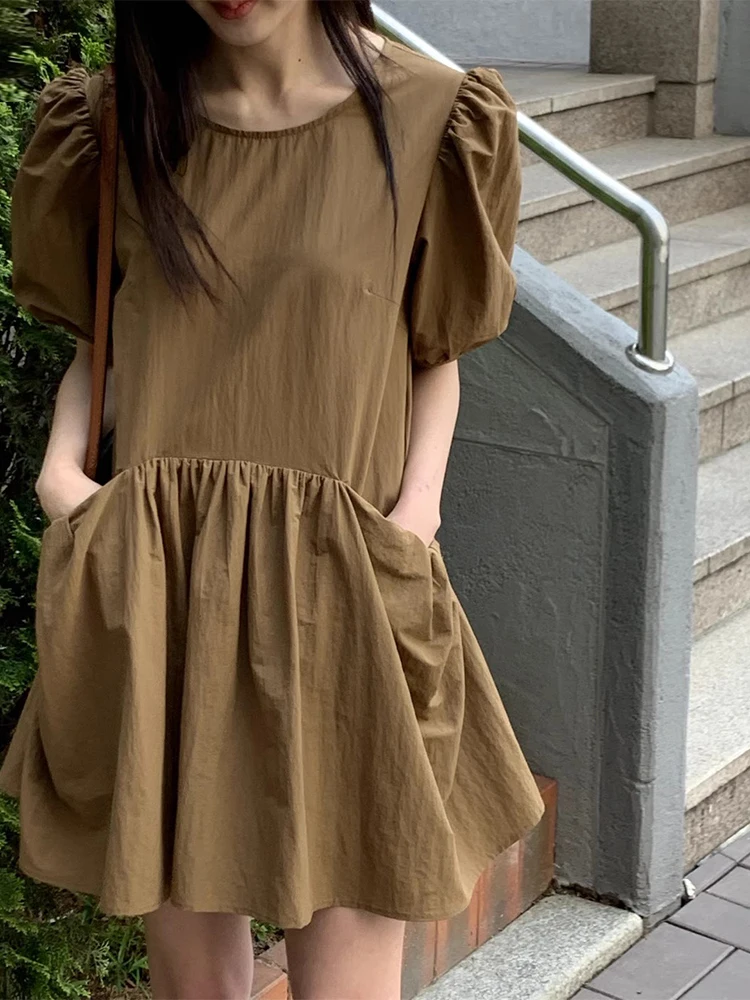 Chic Summer Soft Agel round Ne Large ket Loose Small Bubble Sve Doll Dr Women's Faion Commute High Waist or...