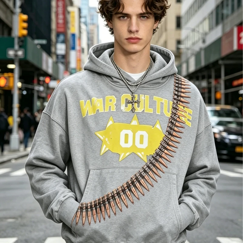 Y2K Dark Streetwear Cropped Hoodie War Culture Letter Bullet Belt Print Sweatshirt Oversized Pullover Hip Hop Unisex Hooded Top