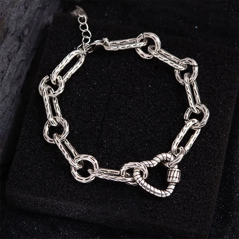 Foxanry Silver Color Thick Chain Love Heart Bracelet For Women Couples Trendy Simple Vintage Elegant Birthday Jewelry Gifts