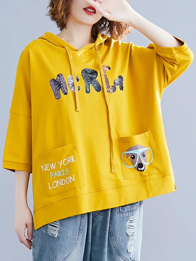 

8339 Women Spring Summer Fashion Korea Style V-neck Cartoon Print Hooded Sweatshirt Office Lady Student Sweet Loose Casual Top