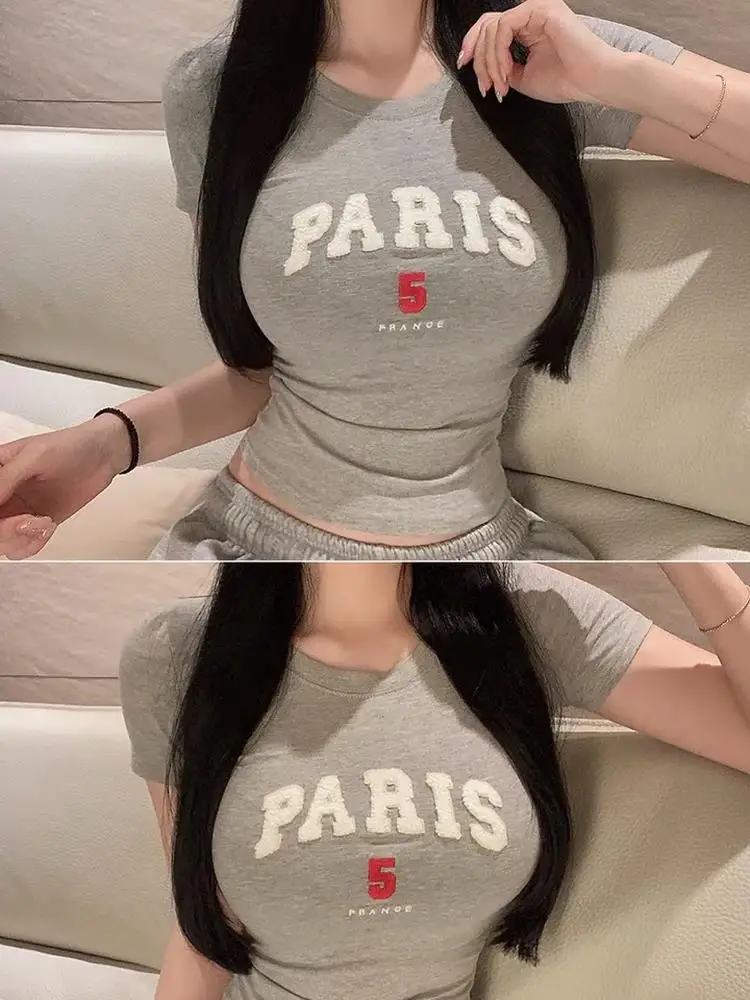 Pure Desire Sexy Short Sleeve T-Shirt Women's Slim Fit Printed Base Layer Top Crossbody V-neck Cotton Polyester Blend
