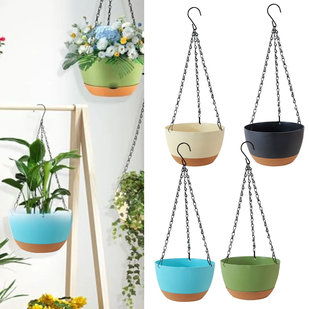 Indoor and Outdoor Hanging Flowerpot with Chain and Drainage Holes Featuring Self Watering Reservoir for Easy Plant Maintenance