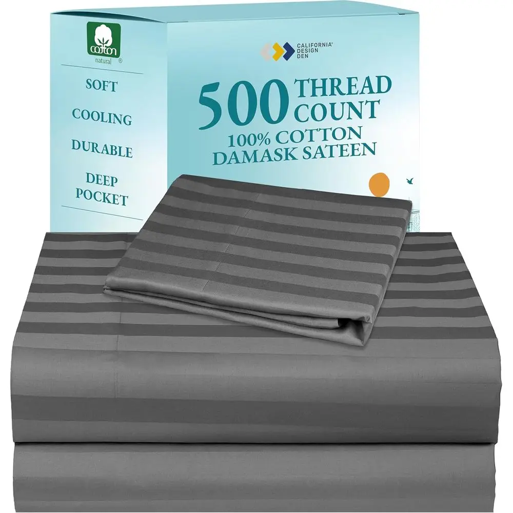 Luxury 500-Thread Cotton Sateen Twin Bedding Set with Stripe Pattern, Fits Mattresses up to 15