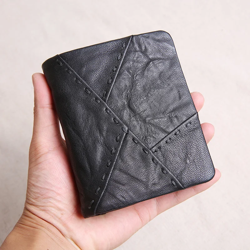 PNDME fashion designer handmade genuine leather men's wallet organizer luxury cow leather stitching ID cardholder coin purse