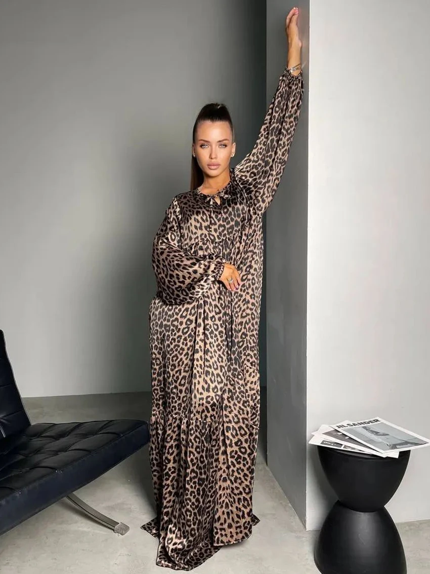 Marthaqiqi Leopard Print Female Sleepwear Long Sleeve Nightgowns O-Neck Nightwear Loose Floor-Length Dress Fashion Women Pajamas
