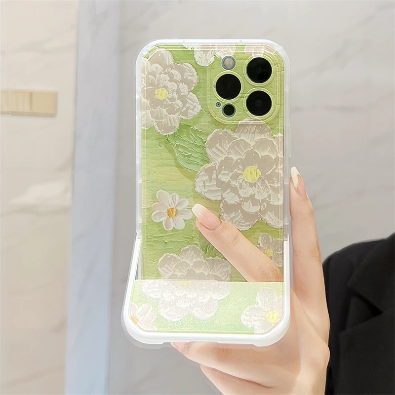 Green Oil Painting Flowers Phone Case for Iphone 15 14 13 Pro Max Painted Bracket Phone Covers Rose Light Luxury Back Case Funda