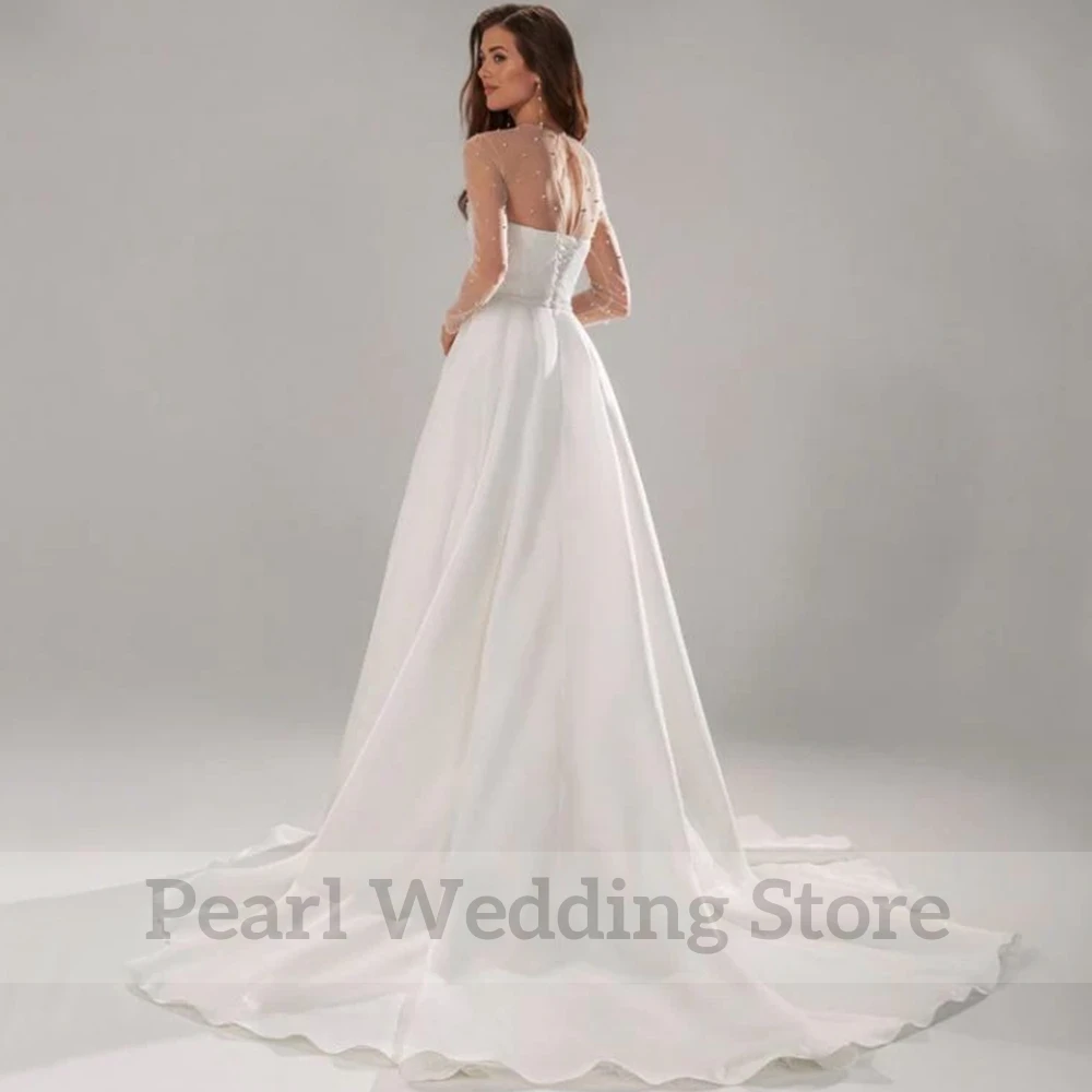 O-Neck Illusion Long Sleeve Wedding Dress With Pearls and Pleat A-Line Sexy Side Slit Bridal Sweep Train Custom Made Gowns