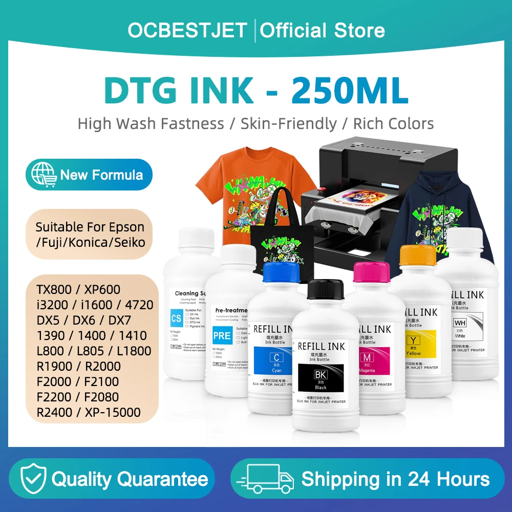 250ML DTG Ink Textile Garment Ink For DX5 DX6 DX7 TX800 I3200 I1600 For Epson L1800 1390 R1900 F2000 F2100 F2200 L800 XP600