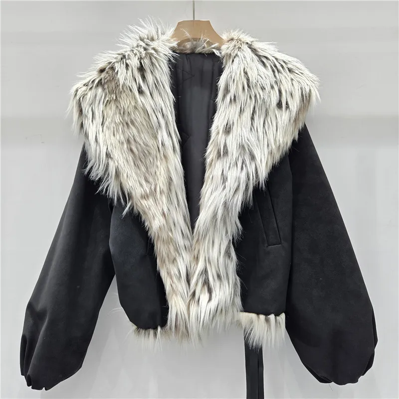 نساء 2025 شتاء موضة جديدة النمط الأمريكي مثير فتاة جاكيتات ليوبارد طباعة كبيرة فو الفراء طوق مبطن العصرية معاطف السترة