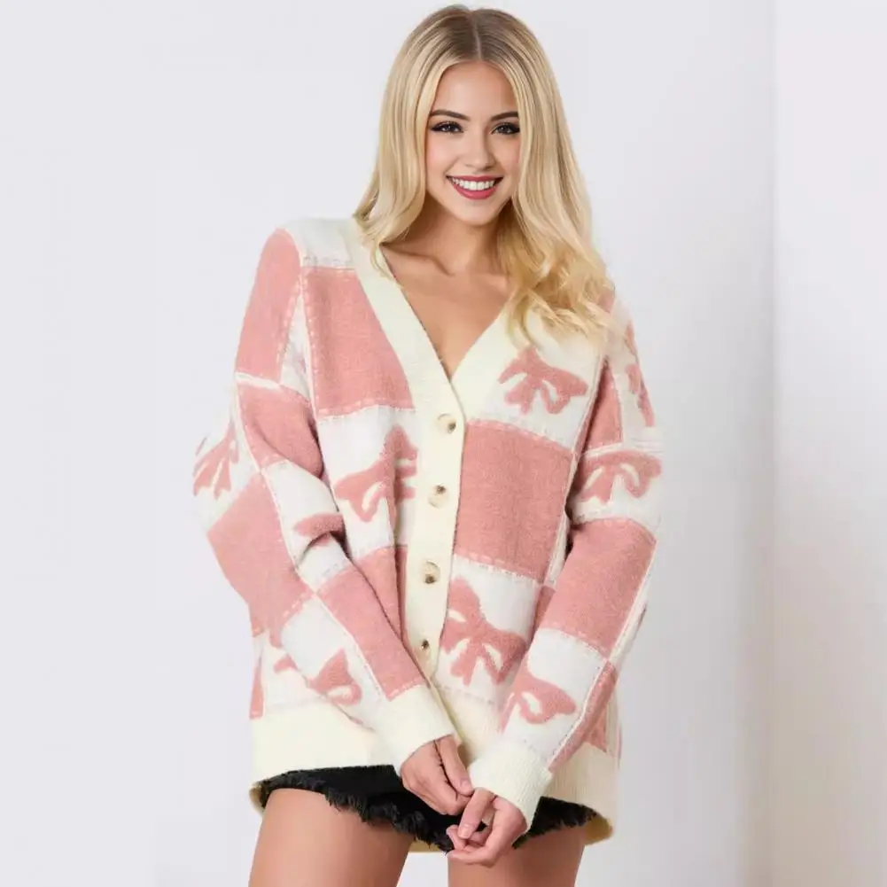 Versatile Style Cardigan Stylish Women's V-neck Sweater Coat with Plaid Print Bow Detail Long Sleeve Color Block for Women