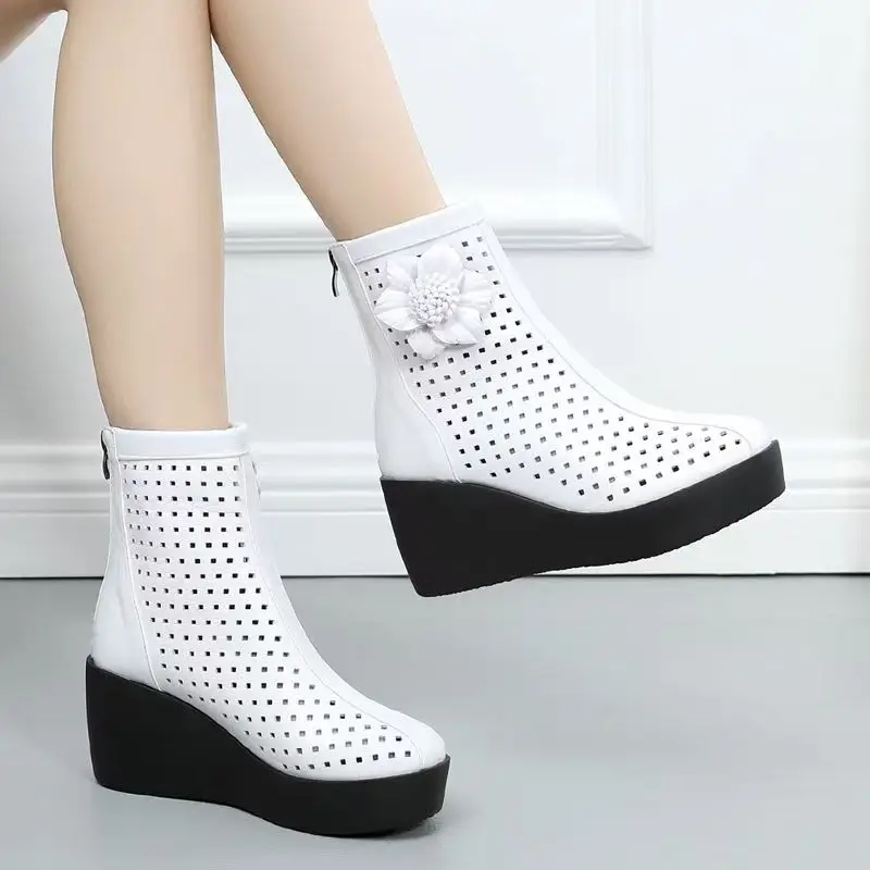 Women Genuine Leather Wedges Hollow Out Ankle Boots Spring Summer New Thick Sol Round Toe High Top Flower High Heel Cool Boots