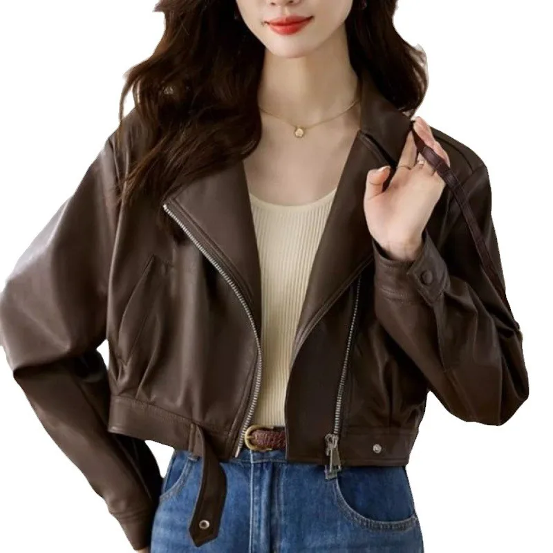 Blouson court en similicuir PU femme, vintage, avec ceinture, streetwear, rétro, avec fermeture éclair, vêtement d'extérieur, pour motard, 2023