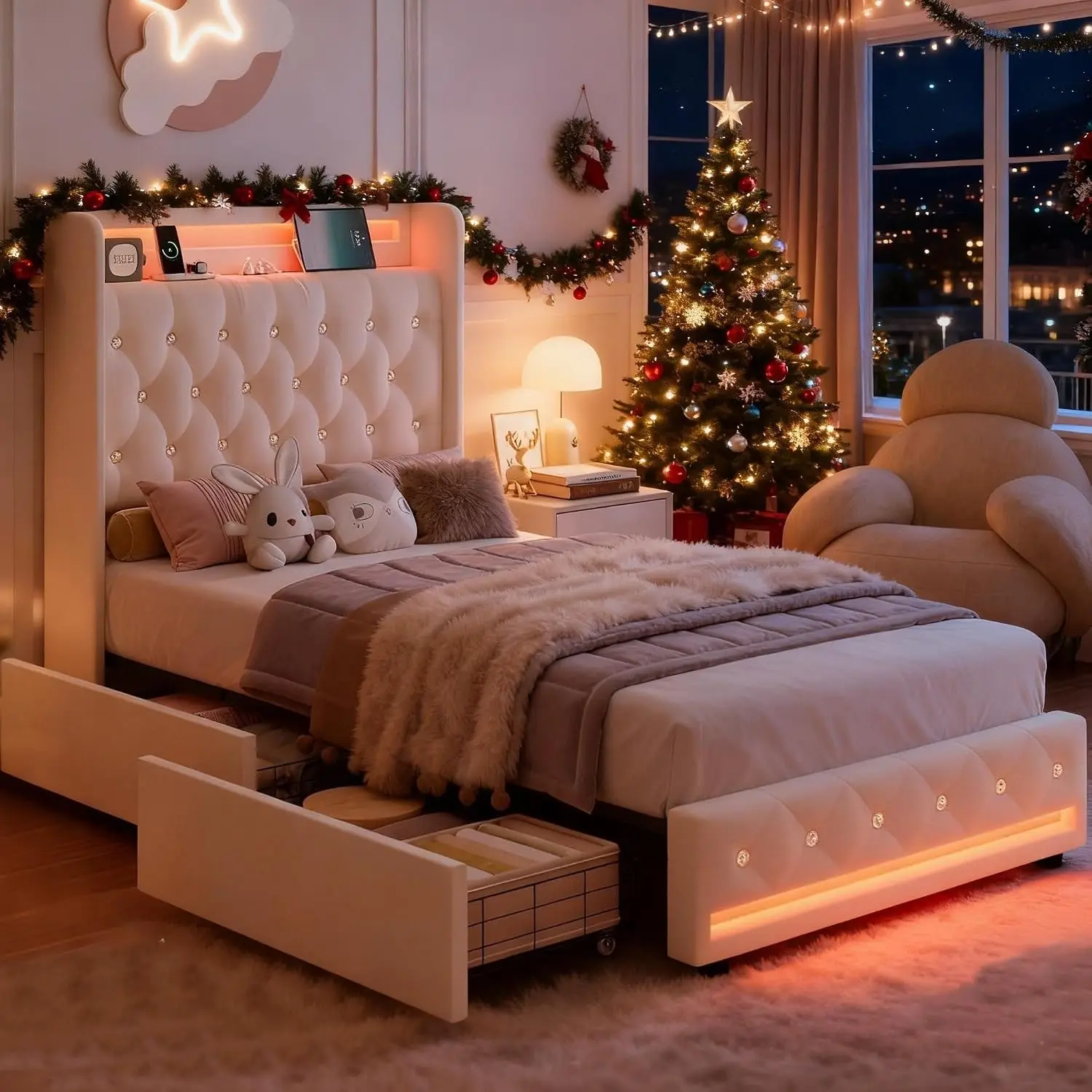 Upholstered Twin Bed Frame With LED Light, Storage Drawer & USB Charging Headboard, Beige, Customized