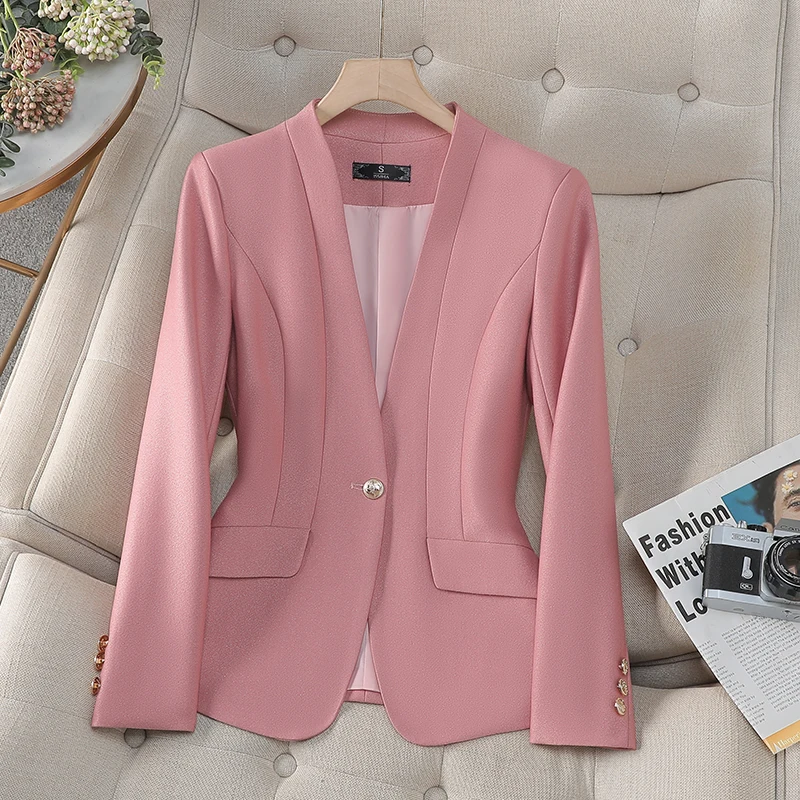 NAVIU แฟชั่นผู้หญิงออกแบบใหม่ Blazer ผู้หญิงสีชมพู CAMEL Apricot Solid แจ็คเก็ตสุภาพสตรีแขนยาว Slim Work Coat