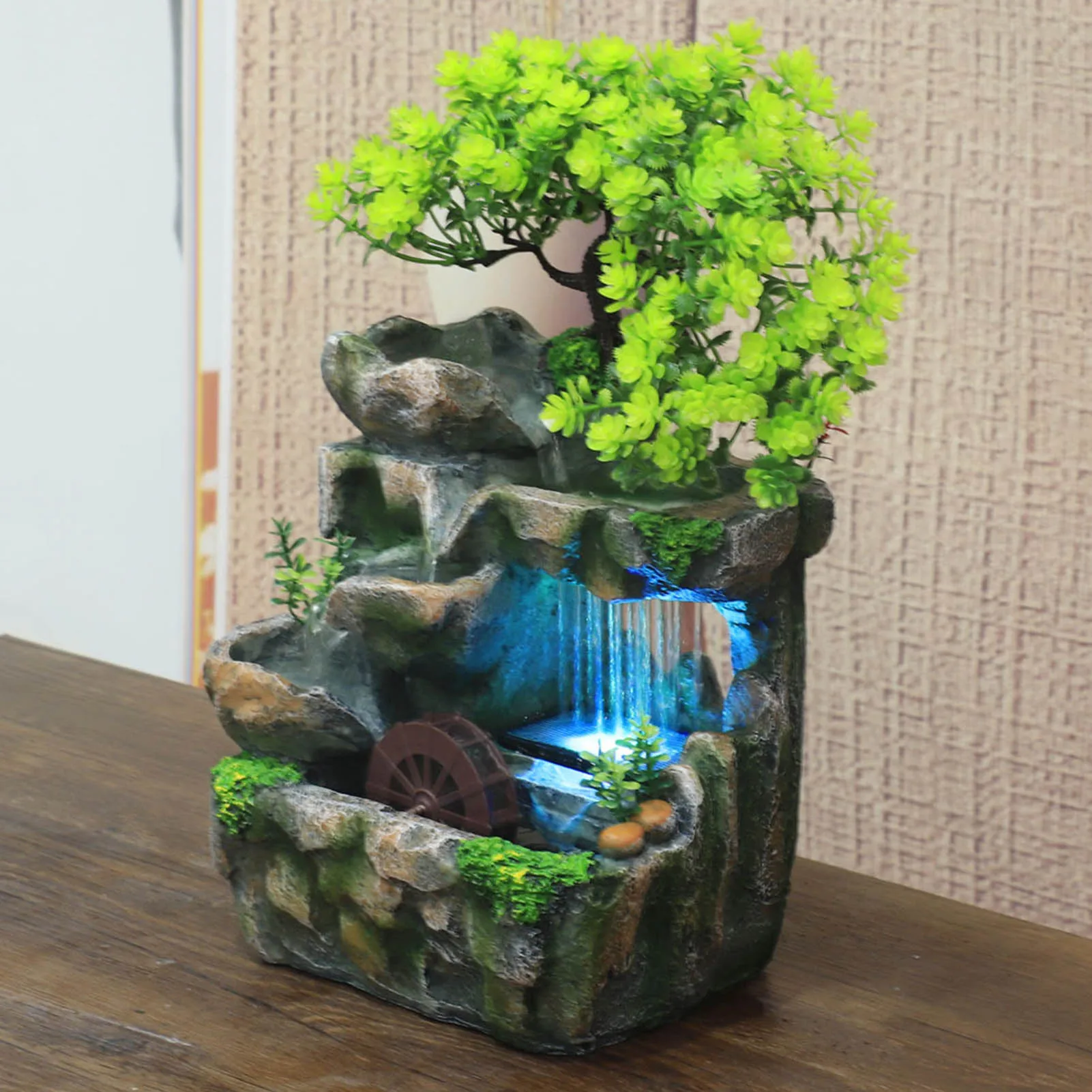 Indoor Resin Rockery Waterfall Feng Shui Flowing Water Fountain Desktop Ornament Office Decor Zen Meditation Water Fountain